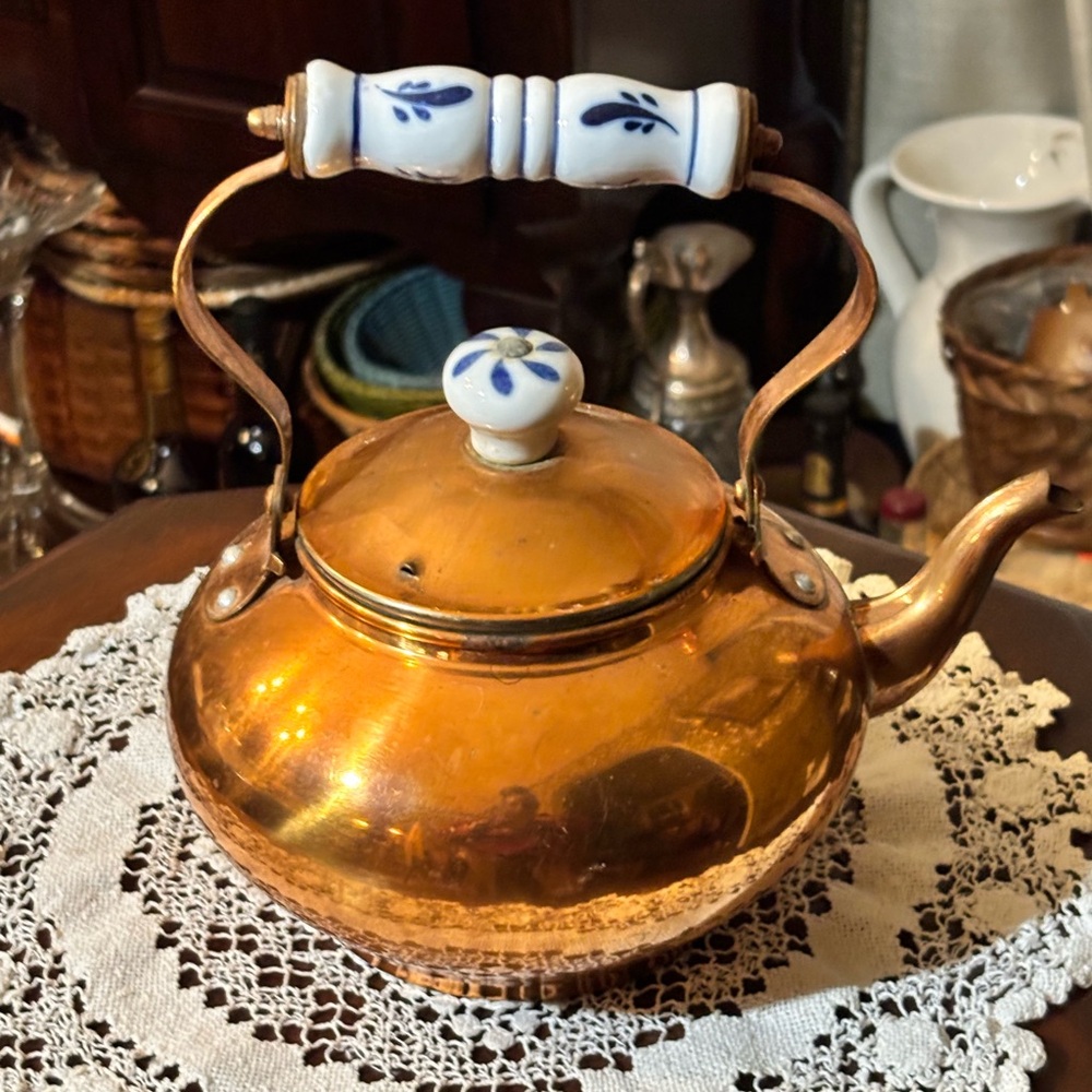 Vintage Copper Teapot with Blue and White Porcelin Handle